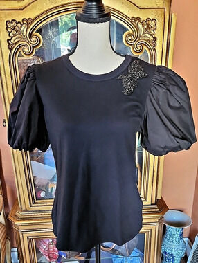 CeCe Embellished Puff Sleeve Top in Black Size Medium NWT